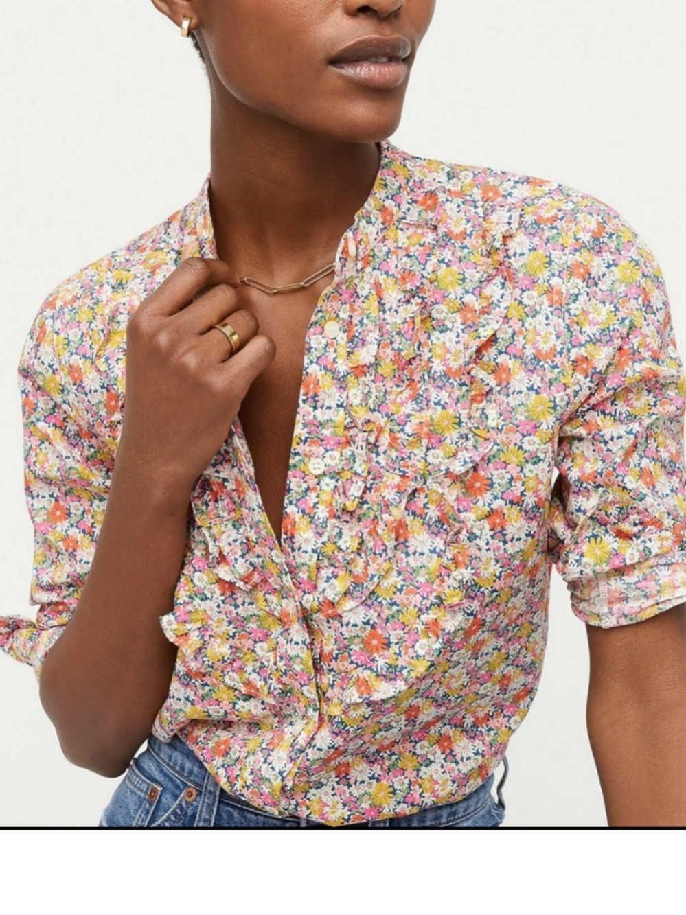 J Crew Band-collar ruffle-front shirt in Liberty® Libby floral
Ruffle front 
L - Picture 3 of 9